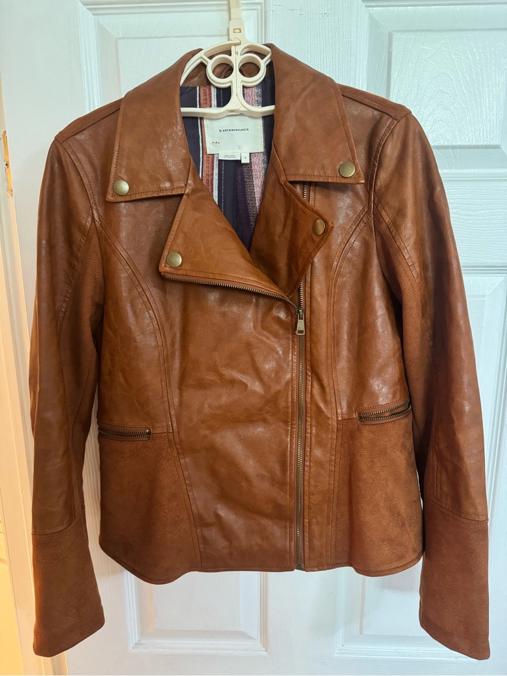 Anthropologie Cognac Faux Leather Suede Asymmetric Moto Jacket Size M